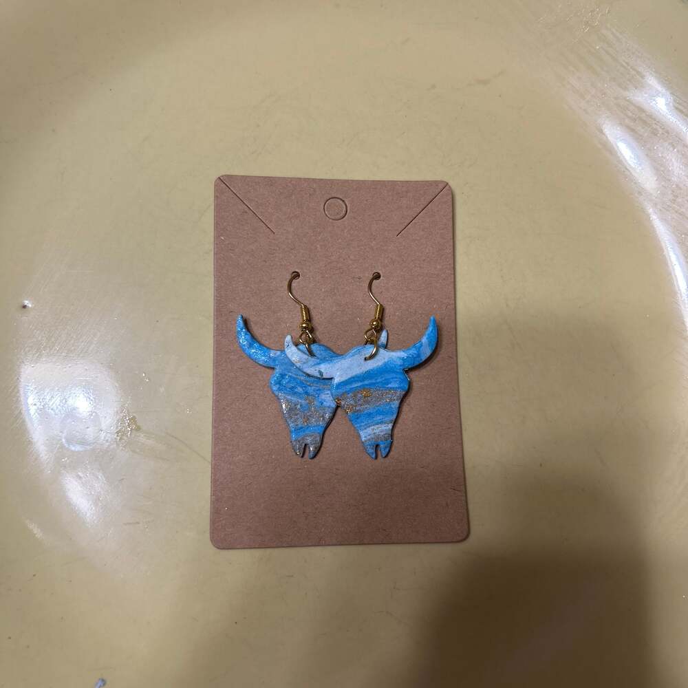 Turquoise Marbled Steer Head Lightweight Polymer Clay Dangle Earrings